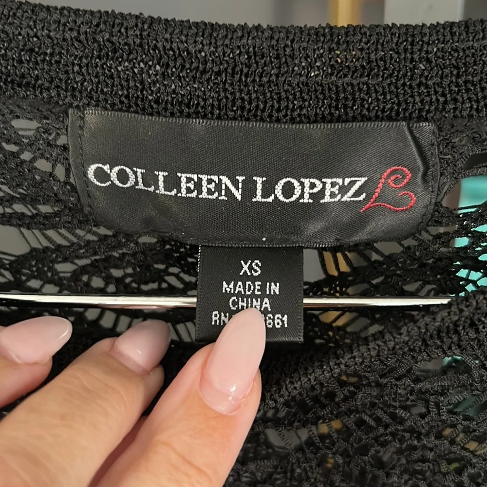 Colleen Lopez Black Lace Topper with Fringe XS 3/4 sleeves